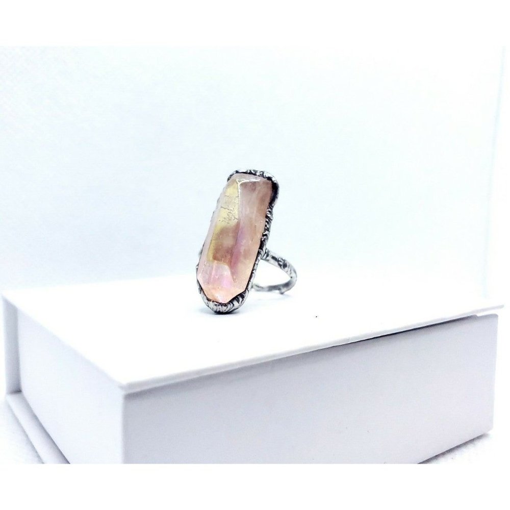 Trade w Christine 🐉 Hand Crafted Pink Aura Quartz Crystal Stainless steel ring - Picture 7 of 12
